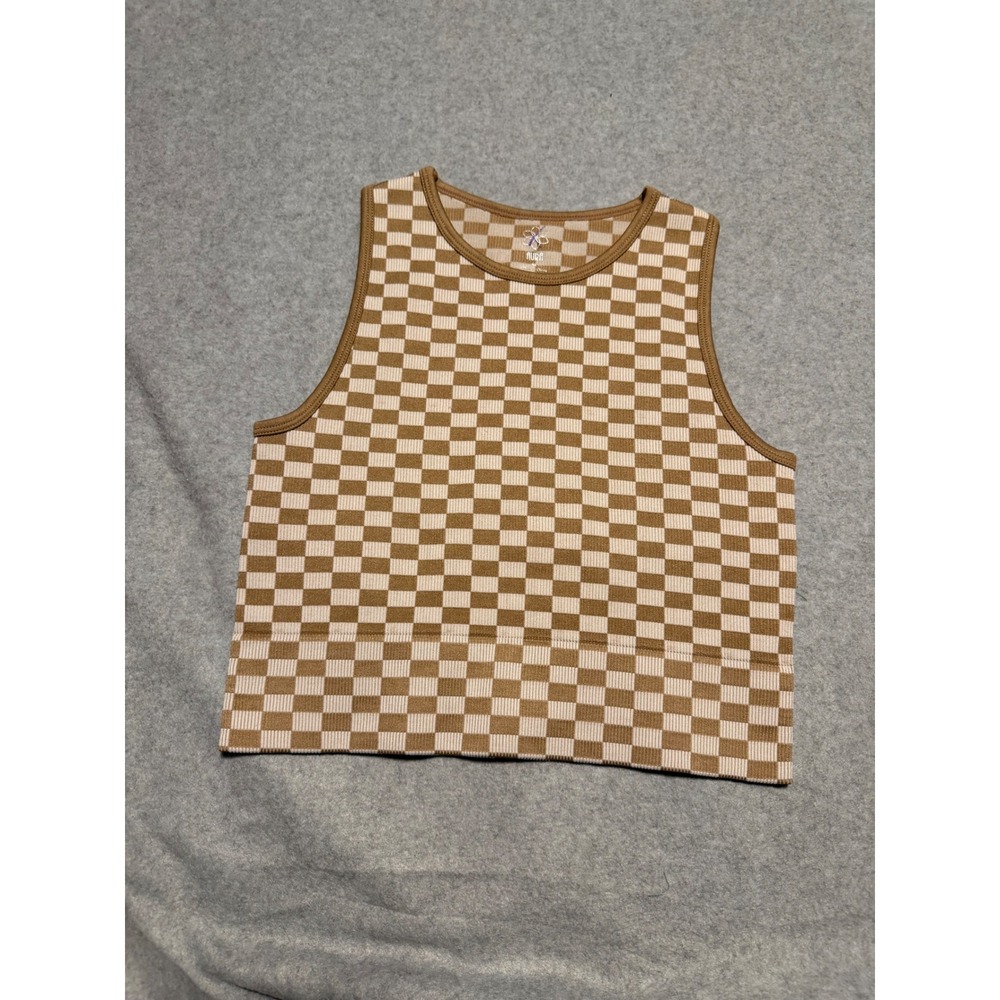 Aura Checkered Crop Tank Top Brown Tan Ribbed Knit Sleeveless Crew Neck M/L